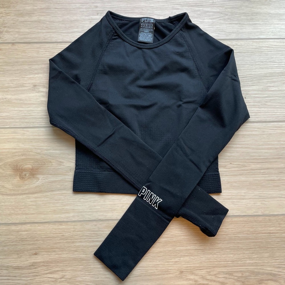 Pink Victoria's Secret Seamless Long Sleeve Crop Top Black Thumbhole XS